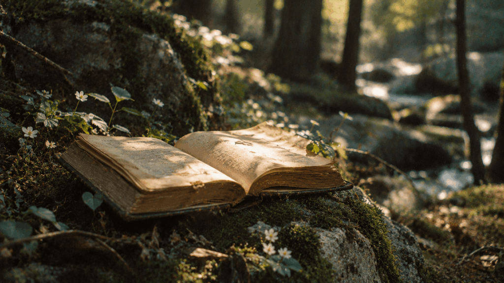 Старинная книга на мшистом камне
