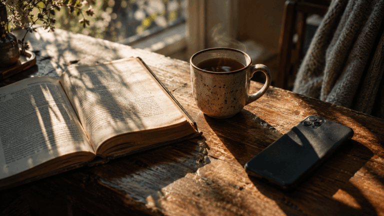 Уютный уголок с книгой и чашкой